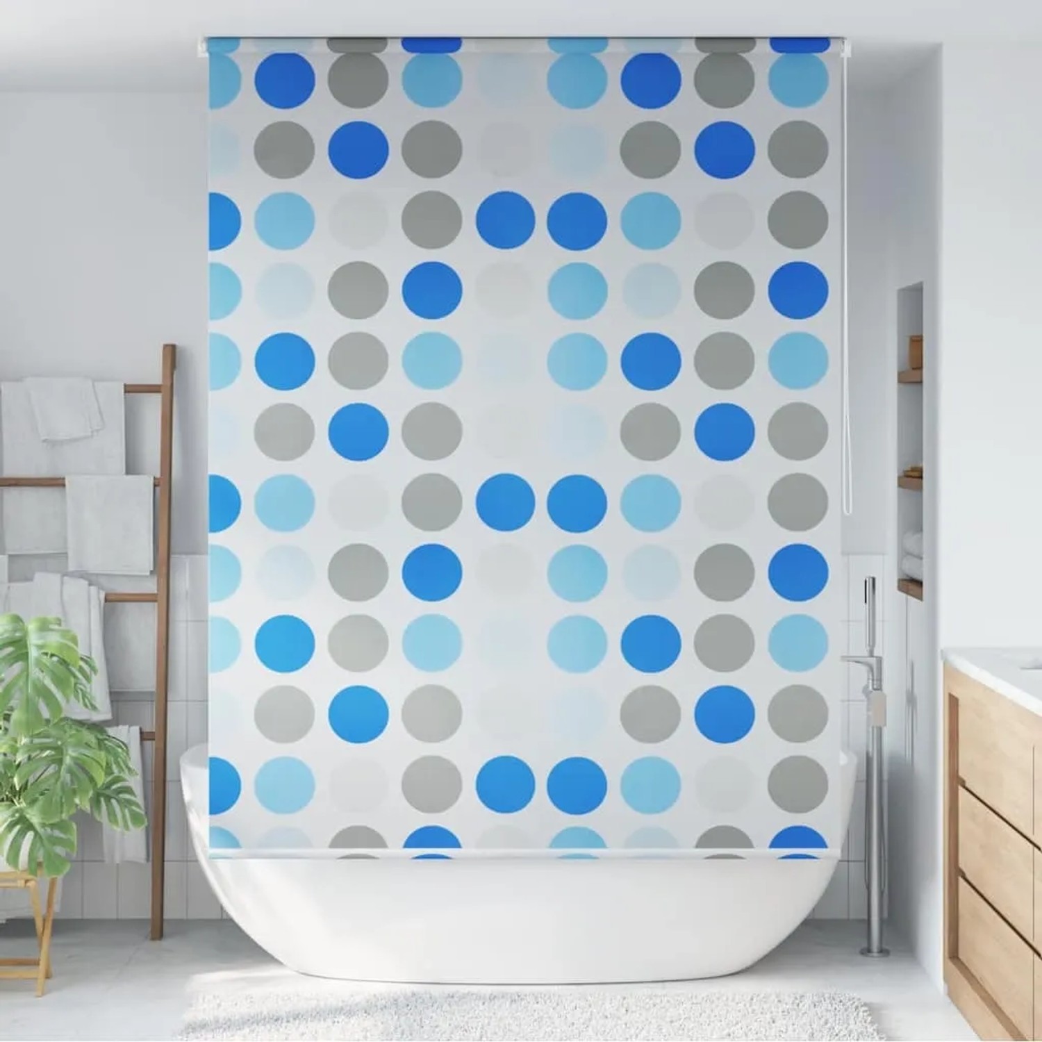 vidaXL Duschrollo 160x240 cm mit Kreismuster in Blau und Grau.