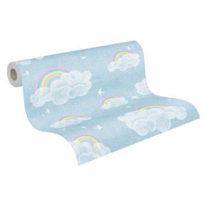 A.S. Creation Vliestapete mit Wolken, Regenbogen und kleinen Vögeln auf blauem Grund.