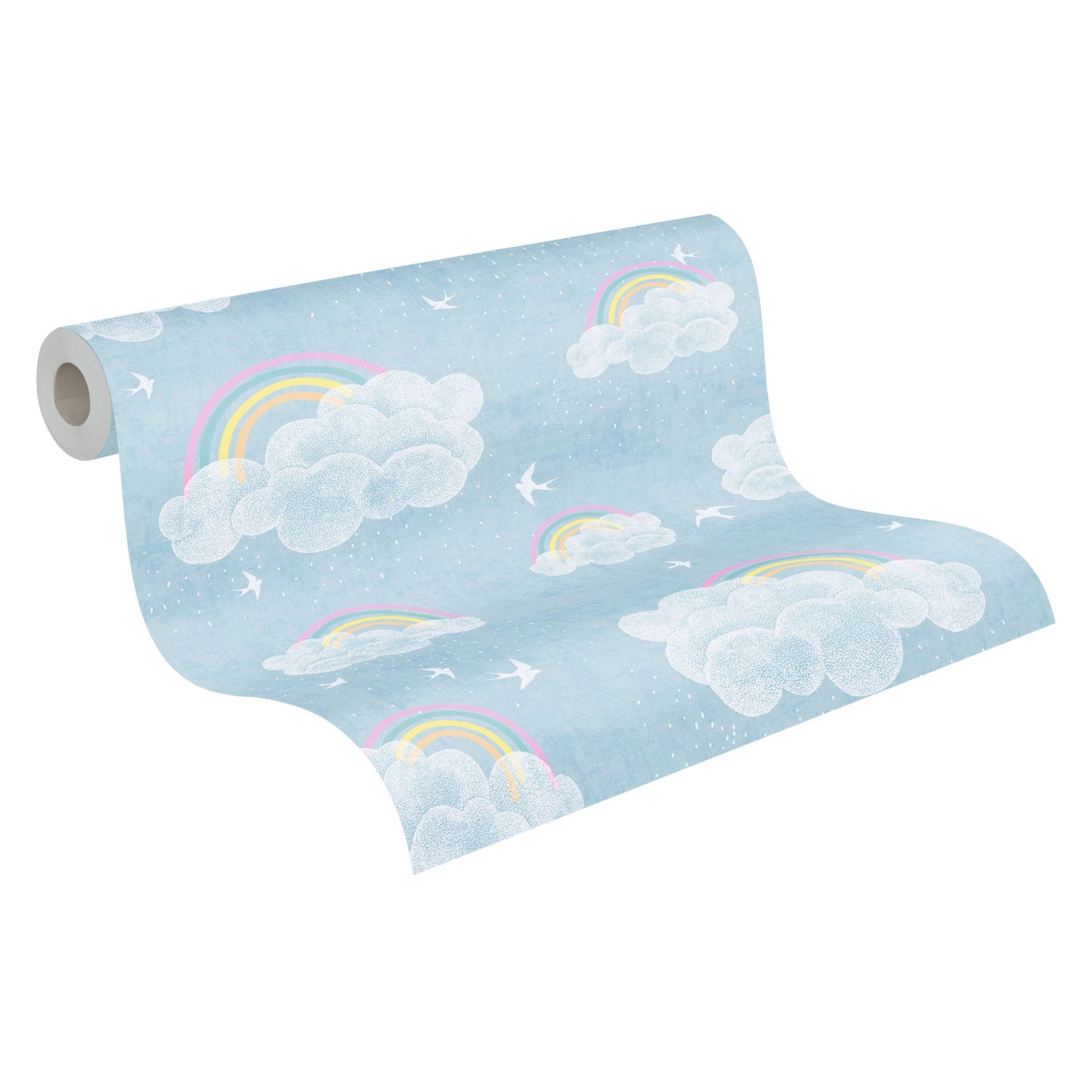 A.S. Creation Vliestapete mit Wolken, Regenbogen und kleinen Vögeln auf blauem Grund.