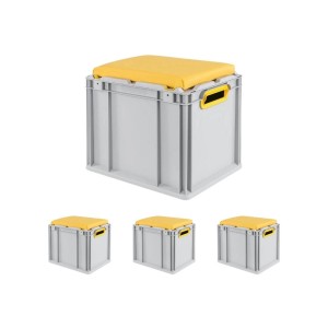 SparSet: 4 graue Euroboxen mit gelbem Sitzkissen, 30 Liter, mit Griffen. Ideal als Sitzbox und Transportbox.