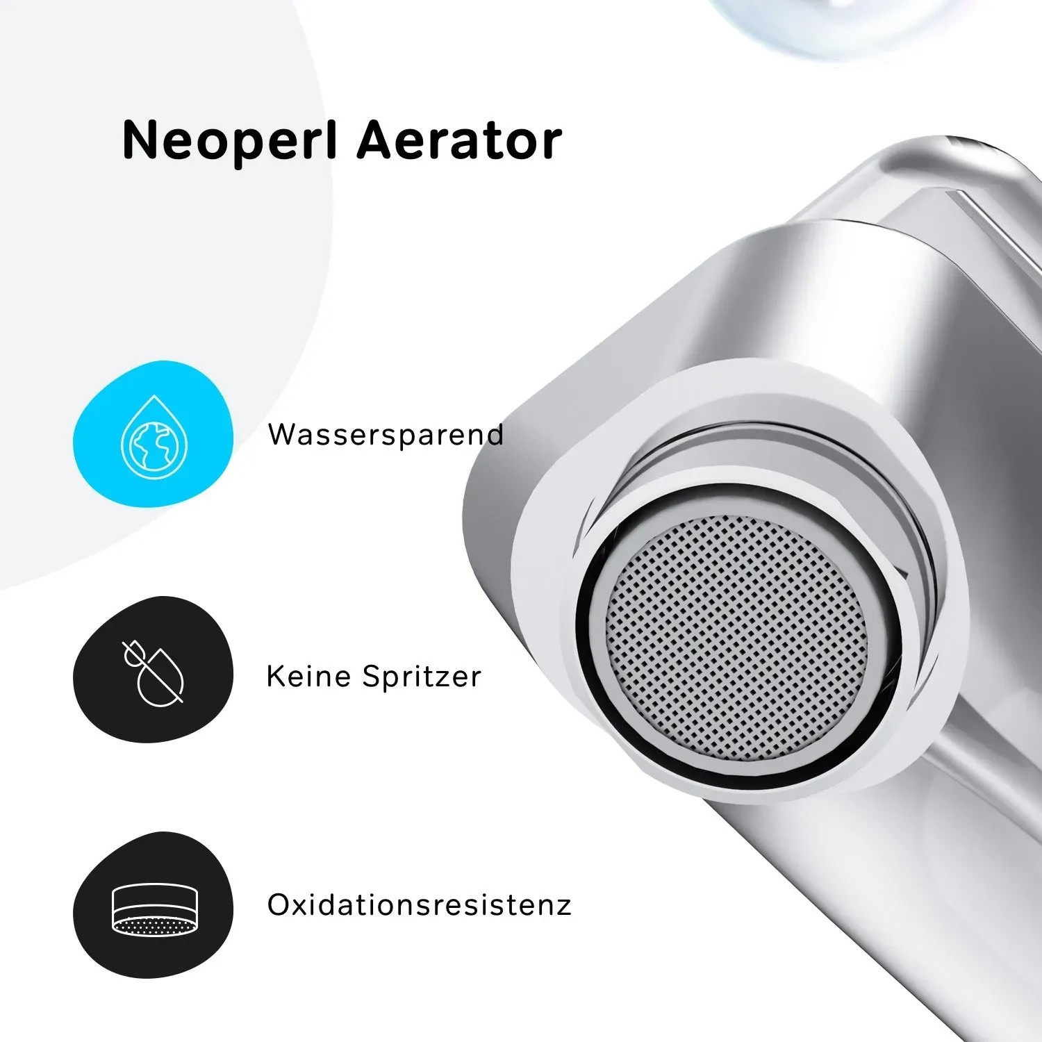 Detailaufnahme: AM.PM Waschtischarmatur mit Neoperl Aerator für Wassersparen, Spritzschutz und Oxidationsresistenz.