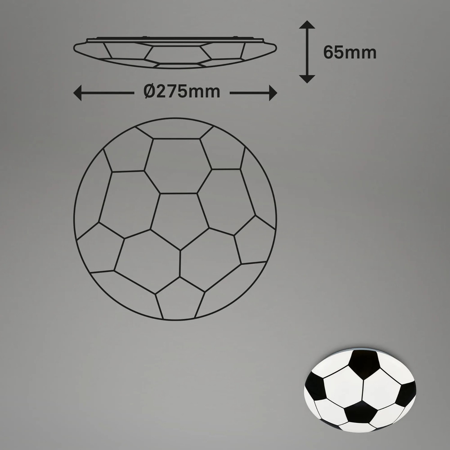 Brilo Fußballleuchte, Deckenleuchte mit Fußballmotiv und Maßangaben.