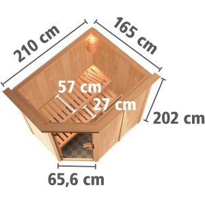 Karibu Sauna Cleo mit Ofen und Glastür, Aufsicht mit Maßen. Massivholzsauna für entspannte Stunden.