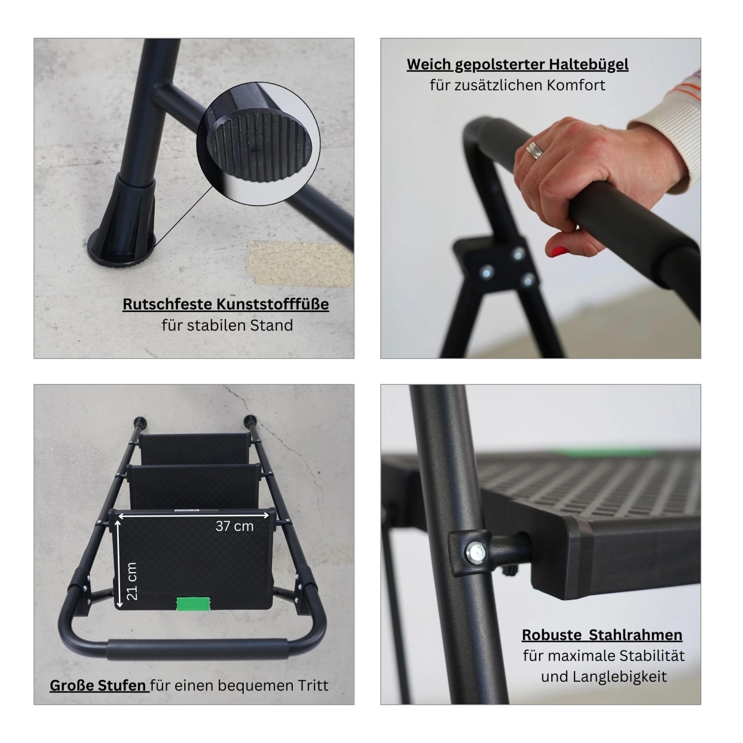 PROREGAL Profi-Trittleiter, klappbar, mit 3 Stufen, Stahl schwarz, Traglast 150kg.