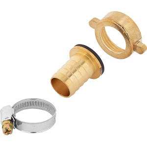 Schlauchverbinder aus Messing, 19 mm (3/4) x 25 mm (1), mit Verschraubung, Tülle und Schelle.