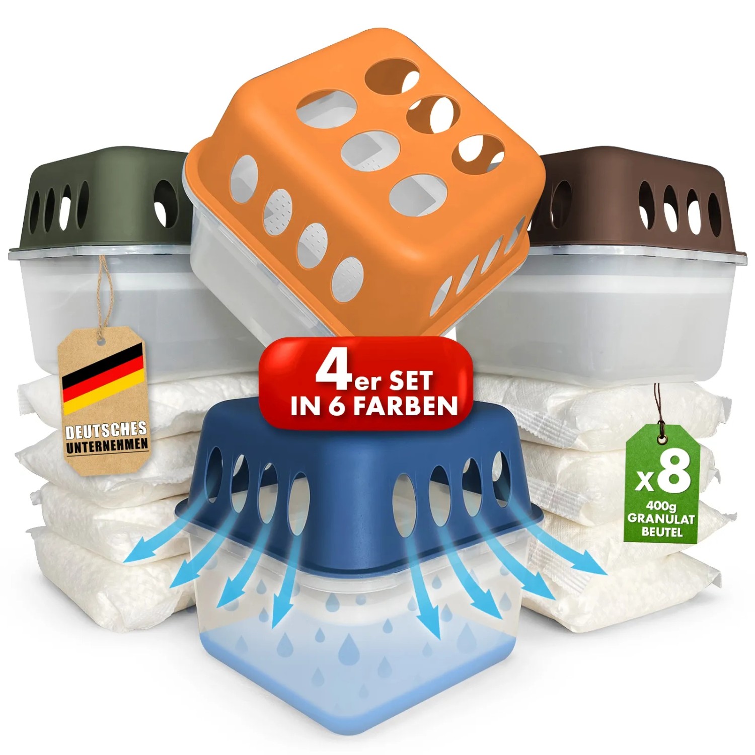 KARAT Luftentfeuchter Hava 4er-Set in verschiedenen Farben mit Nachfüllbeuteln.