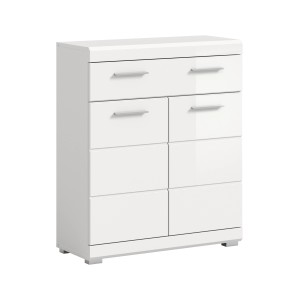 Weißer Hochglanz Bad Standschrank (74x88x31cm) mit sechs Schubladen. Badmöbel.