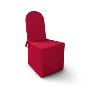Rote Stuhlhusse mit rundem Abschluss für Standardstühle, elastisch und mit Schleifenbändern.