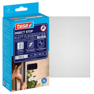 tesa Insect Stop Klett Fliegengitter Premium anthrazit für Fenster. Verpackung und feinmaschiges Insektenschutzgitter.