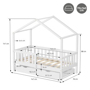 ML-Design Hausbett 70x140 cm, Kiefernholz weiß mit Schubladen, Maße