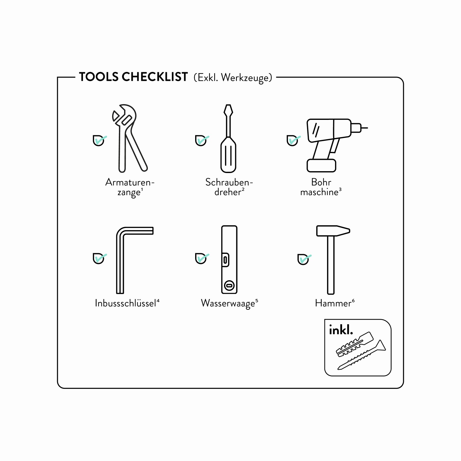 Checkliste Werkzeuge: Armaturenzange, Schraubendreher, Bohrmaschine, Inbusschlüssel, Wasserwaage, Hammer, Dübel und Schrauben.