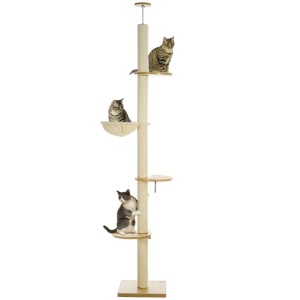 Hoher PawHut Kratzbaum in Eiche/Creme mit Katzen auf verschiedenen Ebenen.