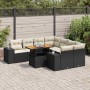 Schwarze 9-tlg. vidaXL Garten-Sofagarnitur aus Poly Rattan mit cremefarbenen Kissen und höhenverstellbarem Tisch.