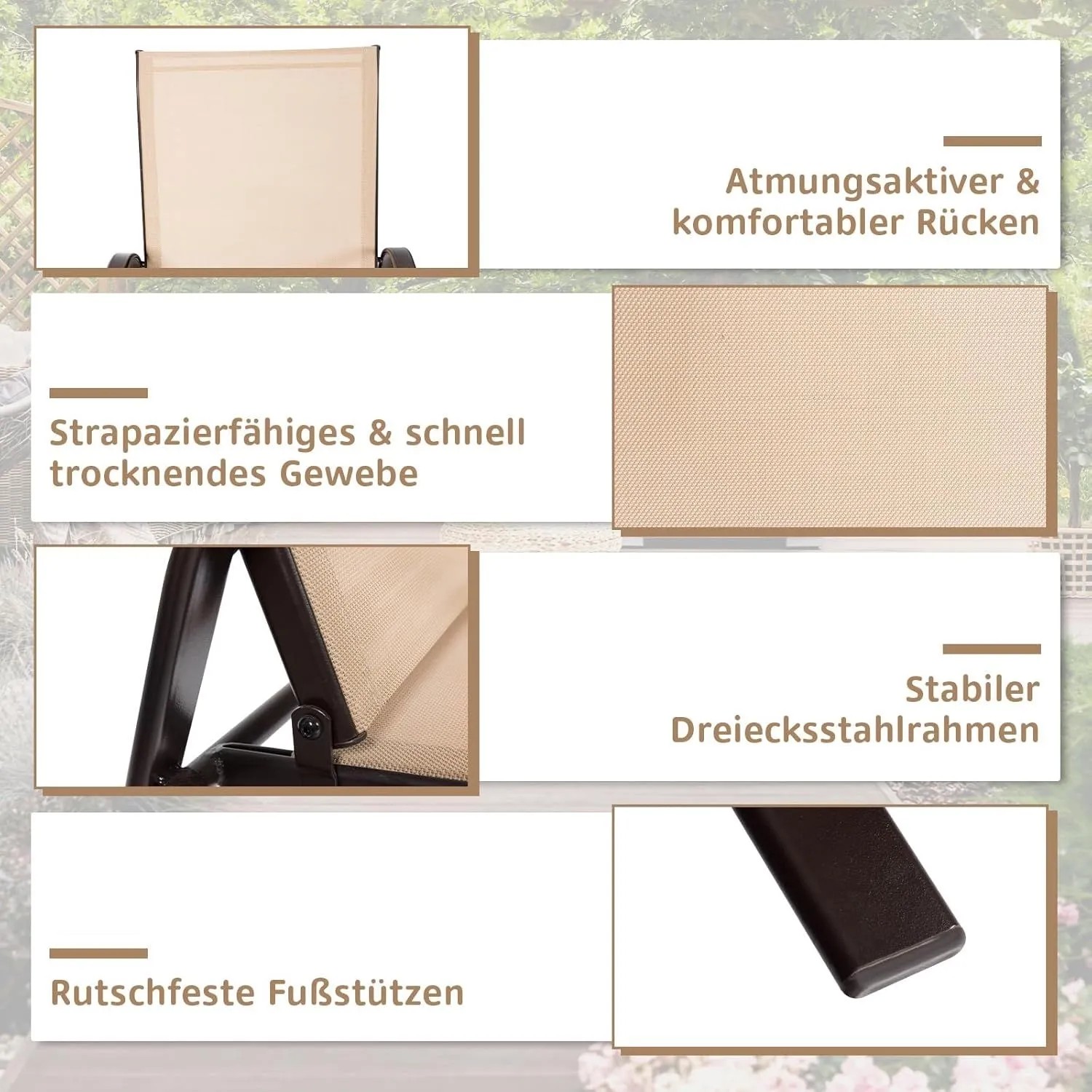 Costway Gartenstühle: Atmungsaktiver beiger Stoff, stabiler Stahlrahmen, rutschfeste Füße. Ideal für Terrassen Essgruppen.