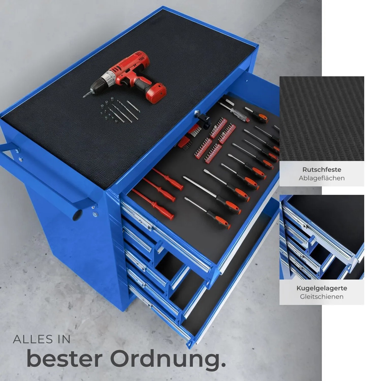 Tectake Werkzeugwagen  5 Kugelgelagerte Schubladen Mit Antirutschmatten Belastbarkeit 150 kg  69 x 33 x 79 cm Blau_5
