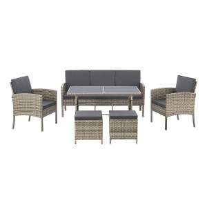 Grau melierte Polyrattan Gartenmöbel Sitzgruppe Turin mit Tisch, Bank, Stühlen und Hockern.