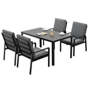Schwarze MeXo Garten Essgruppe aus Aluminium für 4 Personen mit grauen Kissen.