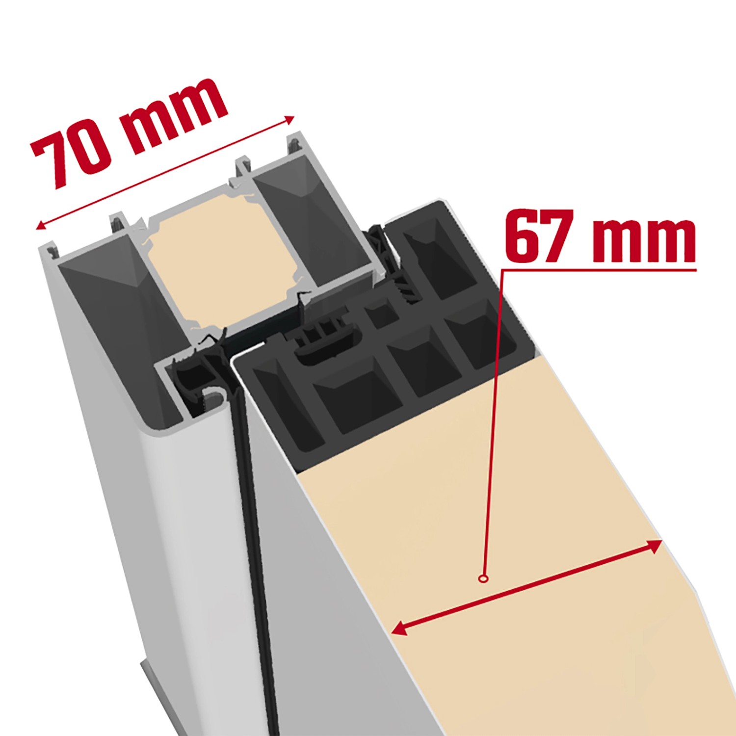 Detailansicht Sicherheits-Haustür ThermoSpace Prime: Querschnitt mit Maßangaben (70 mm/67 mm).