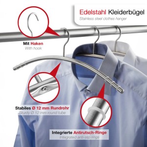 SOTECH Design Kleiderbügel mit Antirutsch Ringen Edelstahl Gebürstet Ø12 mm x 433 mm Rundrohr mit Haken