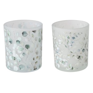 2er Set Boltze Windlichter Eukana mit Eukalyptus-Motiv, Ø 9 cm, grün sortiert.
