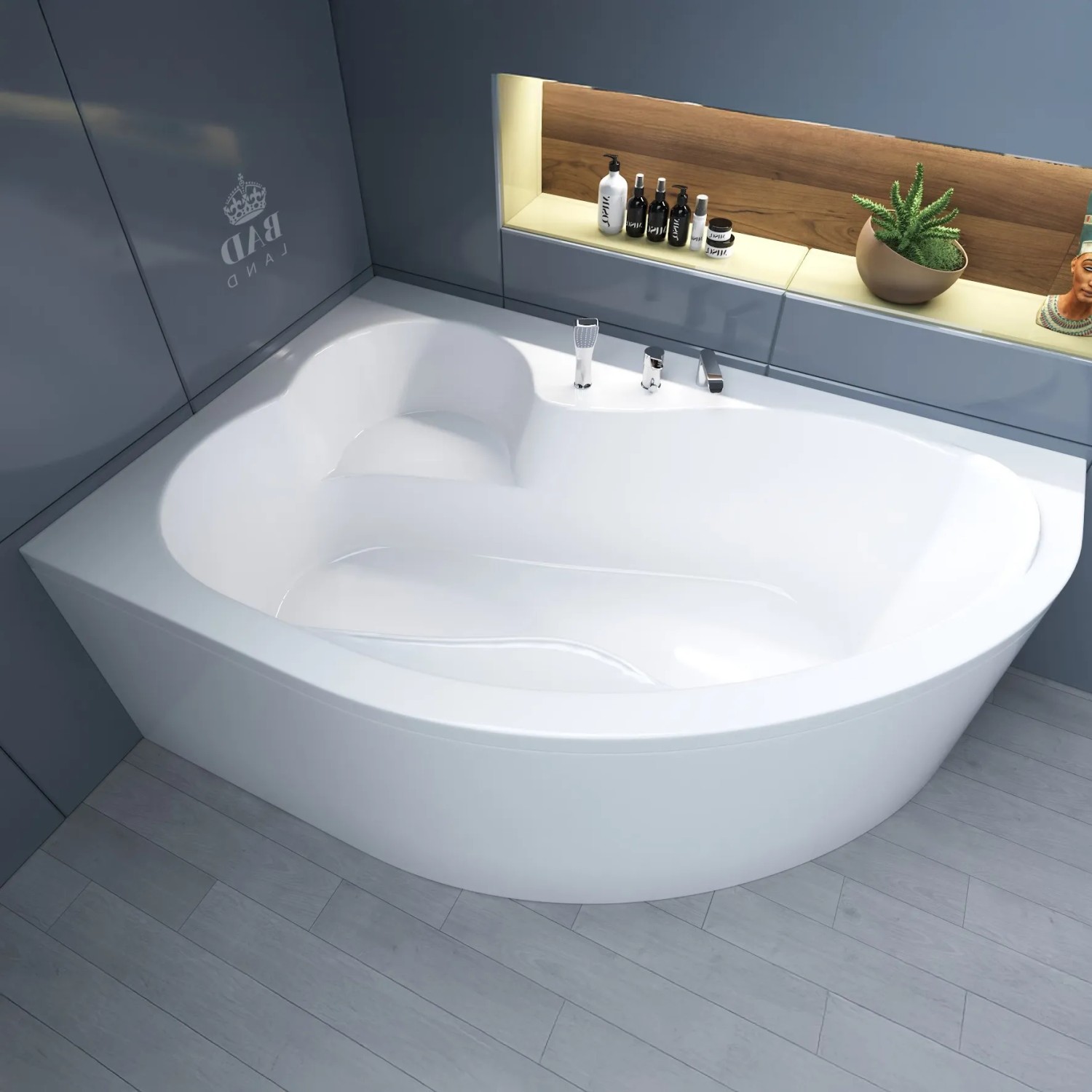Weiße Bad Land Eckbadewanne MEGA 160x105 mit Acrylschürze und Ablaufgarnitur.