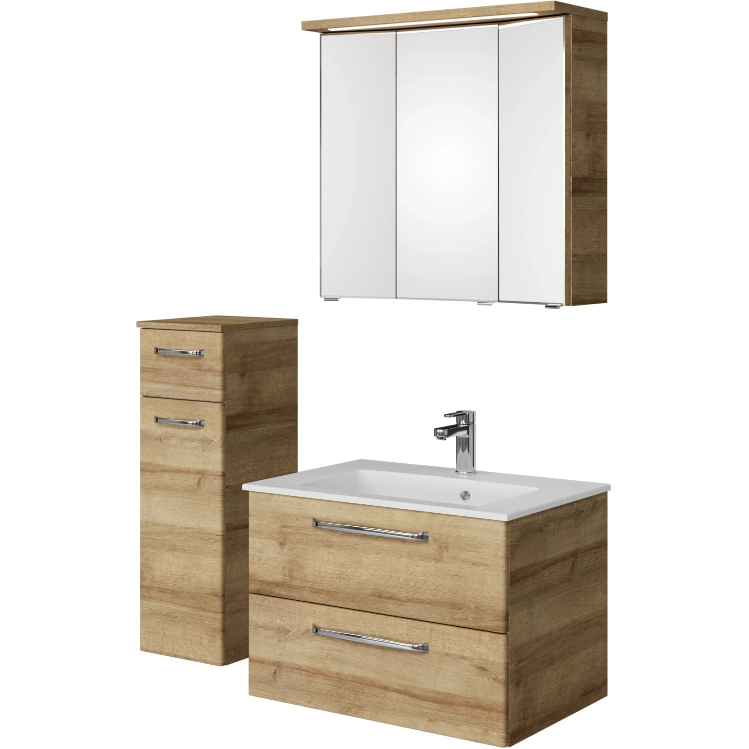 Pelipal Badmöbel-Set Trentino in Riviera Eiche: Waschtisch, Unterschrank, Spiegelschrank und Seitenschrank.