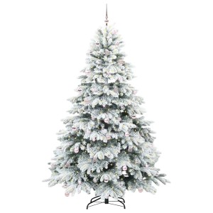 Künstlicher Weihnachtsbaum, 240 cm, grün-weiß beflockt aus PE/PVC, mit warmweißen LEDs und rosa Kugeln.