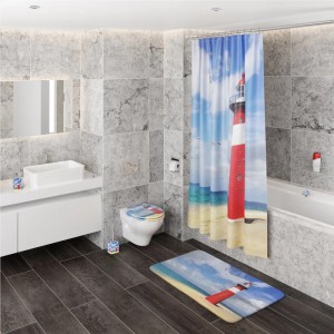 Badezimmer-Set mit Sanilo Seifenspender Leuchtturm, Duschvorhang, Badematte und WC-Garnitur.