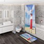 Badezimmer-Set mit Sanilo Seifenspender Leuchtturm, Duschvorhang, Badematte und WC-Garnitur.