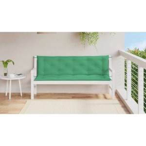 Grüne Gartenbank-Auflage aus Oxford-Gewebe mit Knöpfen auf weißer Holzbank. Ideal für Garten & Balkon.
