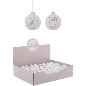 Weiße Weihnachtskugeln mit Schneemanngesicht, Ø 8 cm, im Karton.