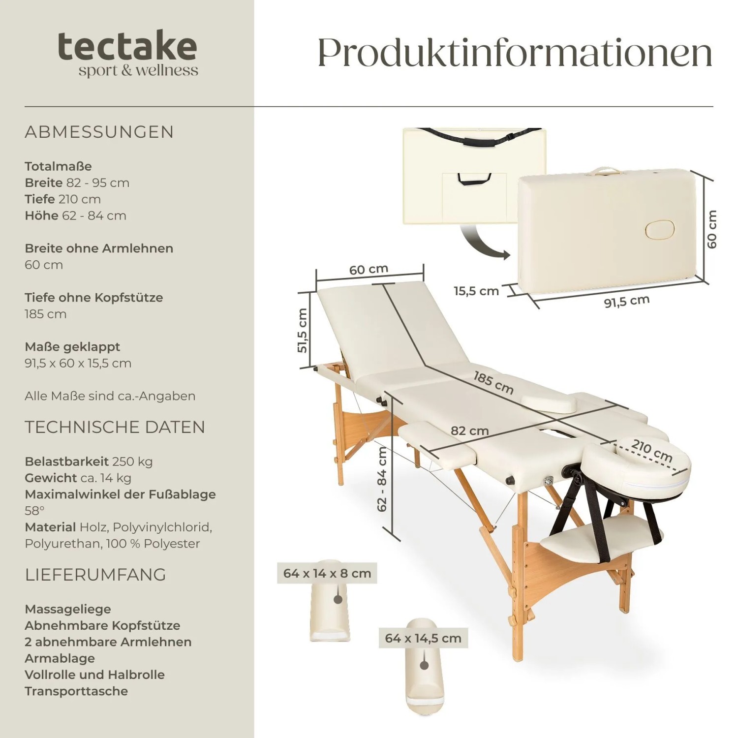 Tectake 3 Zonen Massageliege Set Daniel Breite 60 cm  Polsterung 3 cm Inklusive Lagerungsrollen und Tragetasche  210 x 95 x 84 cm Beige_6