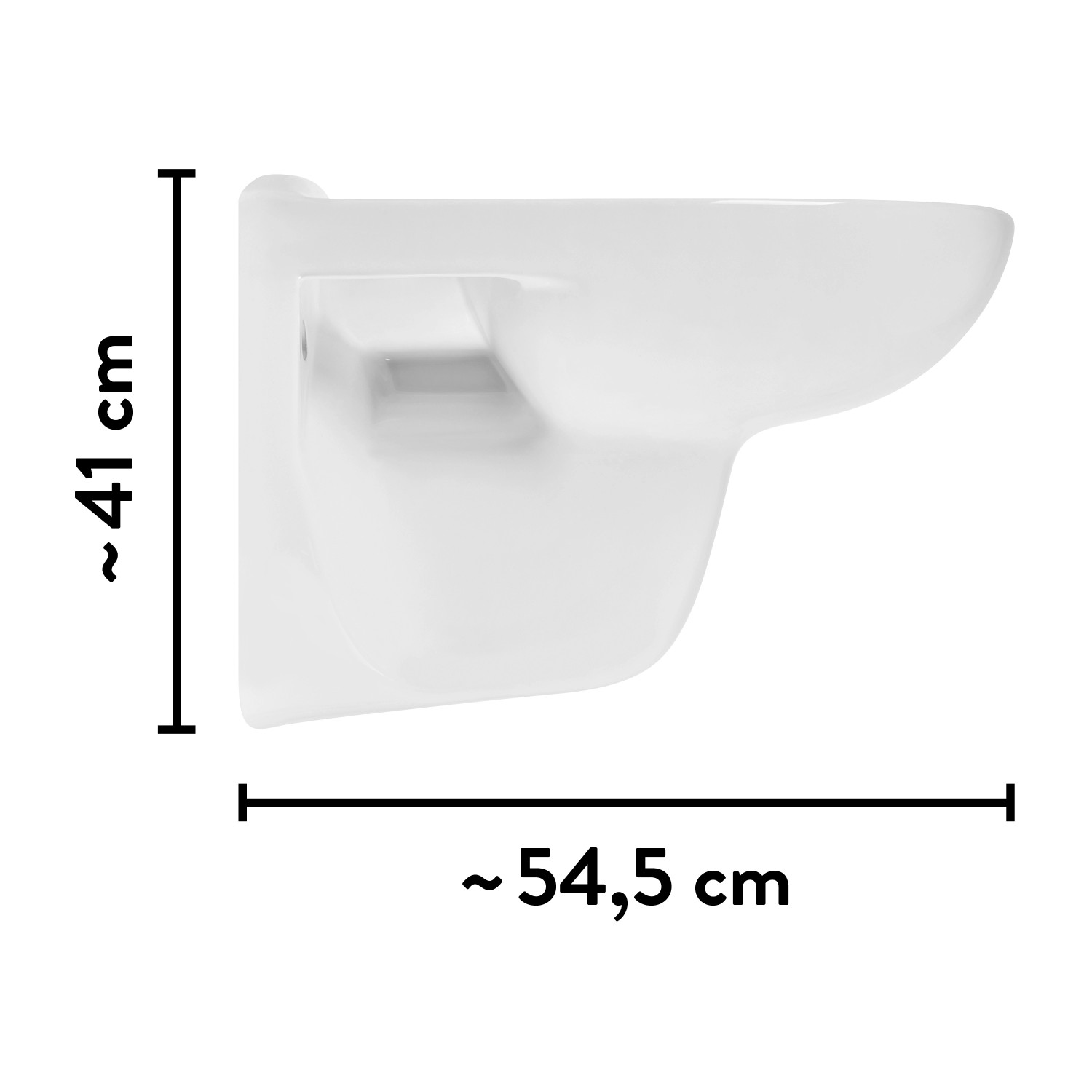 Weißes, spülrandloses baliv Wand-WC Glasgow Tiefspüler mit Maßangaben.
