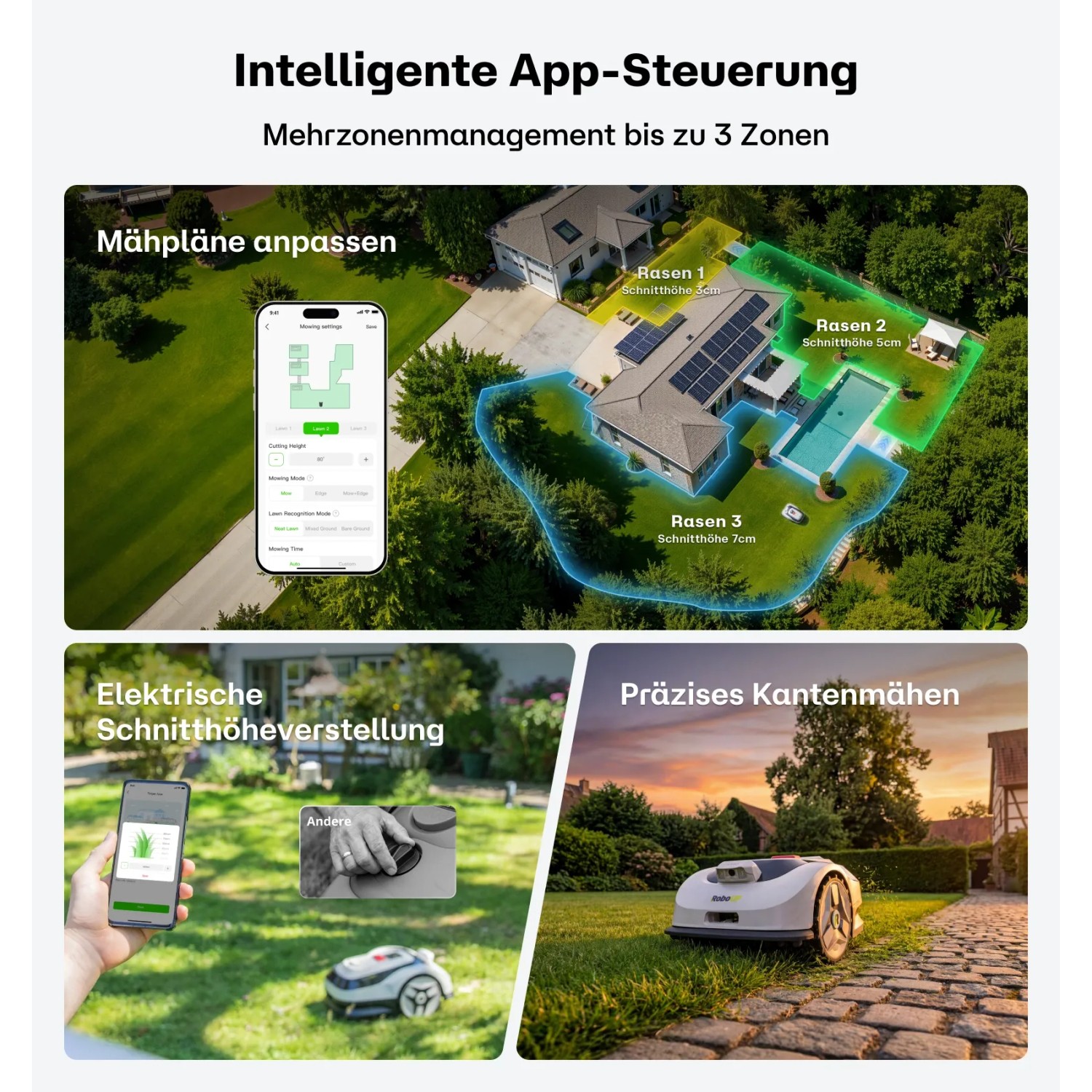 RoboUP Raccoon 2 SE Mähroboter: App-Steuerung für Zonen, Schnitthöhe und präzises Kantenmähen ohne Begrenzungskabel.