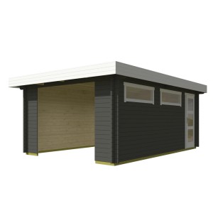Moderne Lasita Garage Canberra, grau-grün, mit Flachdach, Seitentür und Milchglasfenstern.