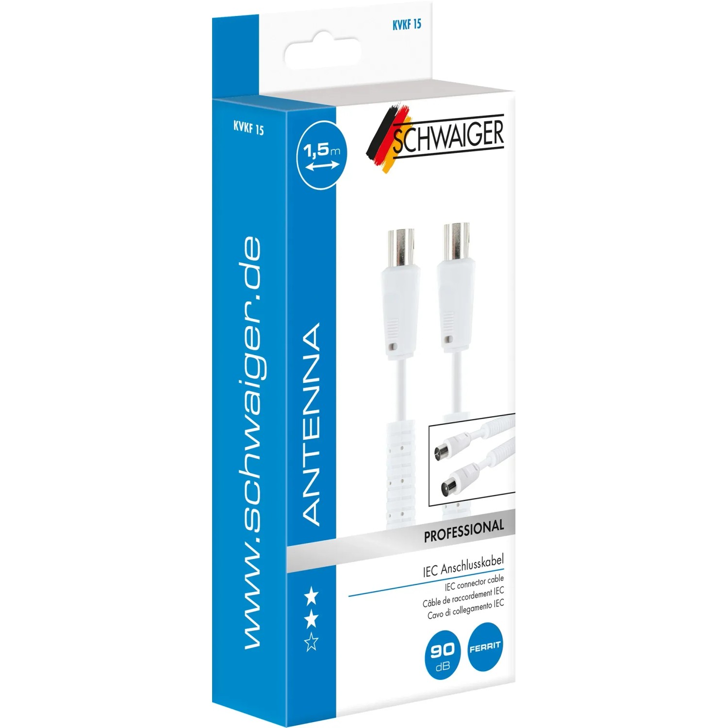 Schwaiger Antennenkabel, 1,5m, weiß, mit Ferritkern und 90 dB Schirmung.