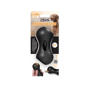Zeus ChewChasers Treat Peanut S, schwarzes Intelligenzspielzeug für Hunde mit Leckerli-Fächern.