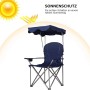 Blauer faltbarer Campingstuhl mit Sonnenschutz, zwei Getränkehaltern und stabilem Metallgestell. Ideal für Outdoor.