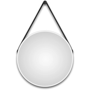 Runder LED-Lichtspiegel Silver Barbier, Ø 50 cm, weiß matt mit Lederband-Aufhängung.