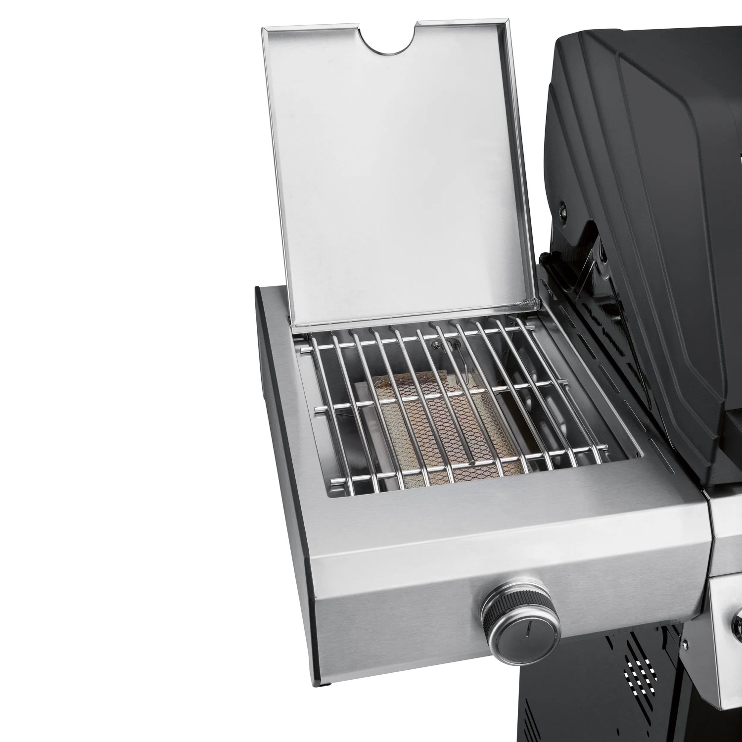 Detailaufnahme des Seitenbrenners vom Jamestown Gasgrill Knox mit Grillrost und geöffnetem Deckel.