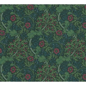 Grün-rote Blumentapete im Gründerzeitstil. Dunkelgrüne Vliestapete mit Blumenmuster für Schlafzimmer und Küche.