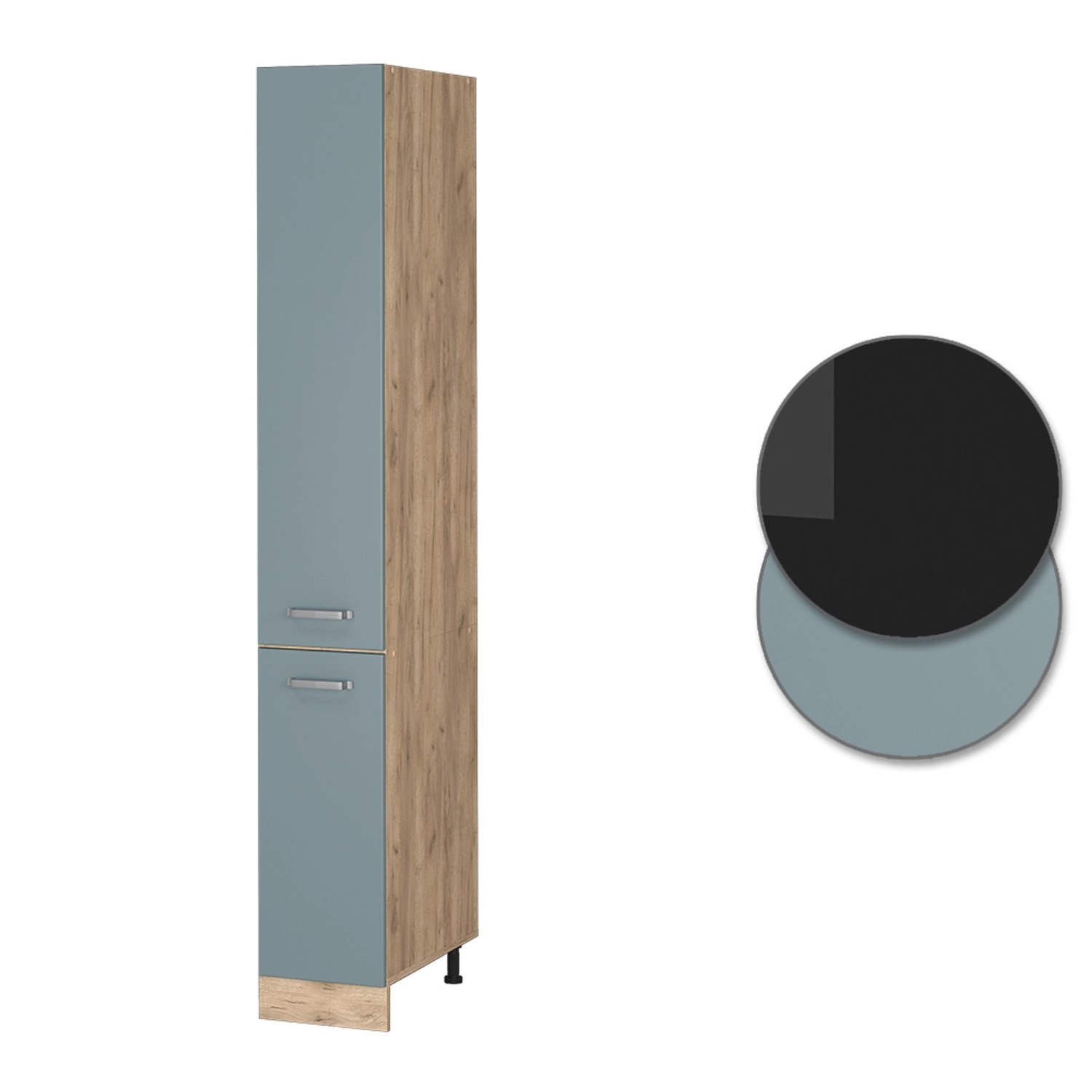 Vicco Apothekerschrank R-Line, blau-graue Front, Eiche Dekor, 30 cm breit.