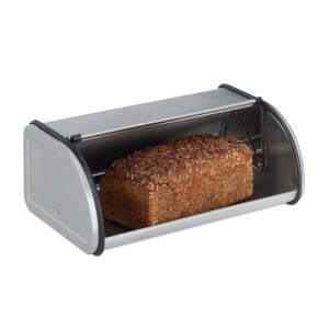 Platzsparender, silberner Relaxdays Brotkasten aus Edelstahl mit Brotlaib.