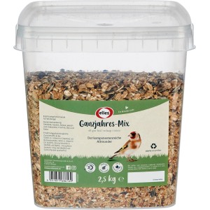 Elles Wildvogelfutter Ganzjahres-Mix im 2,5 kg Eimer. Futter mit Sonnenblumenkernen, Erdnüssen, Hirse, Weizenflocken, Rosinen.