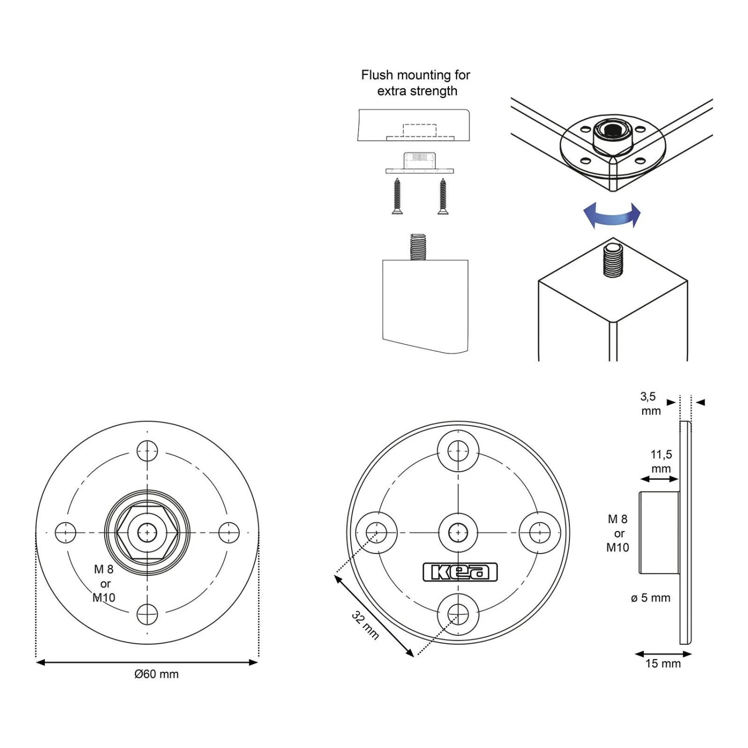 SOTECH KEA runder Tischbeinverbinder M10 Gewinde. Technische Zeichnung mit Maßen Ø60mm und Einbauanleitung.