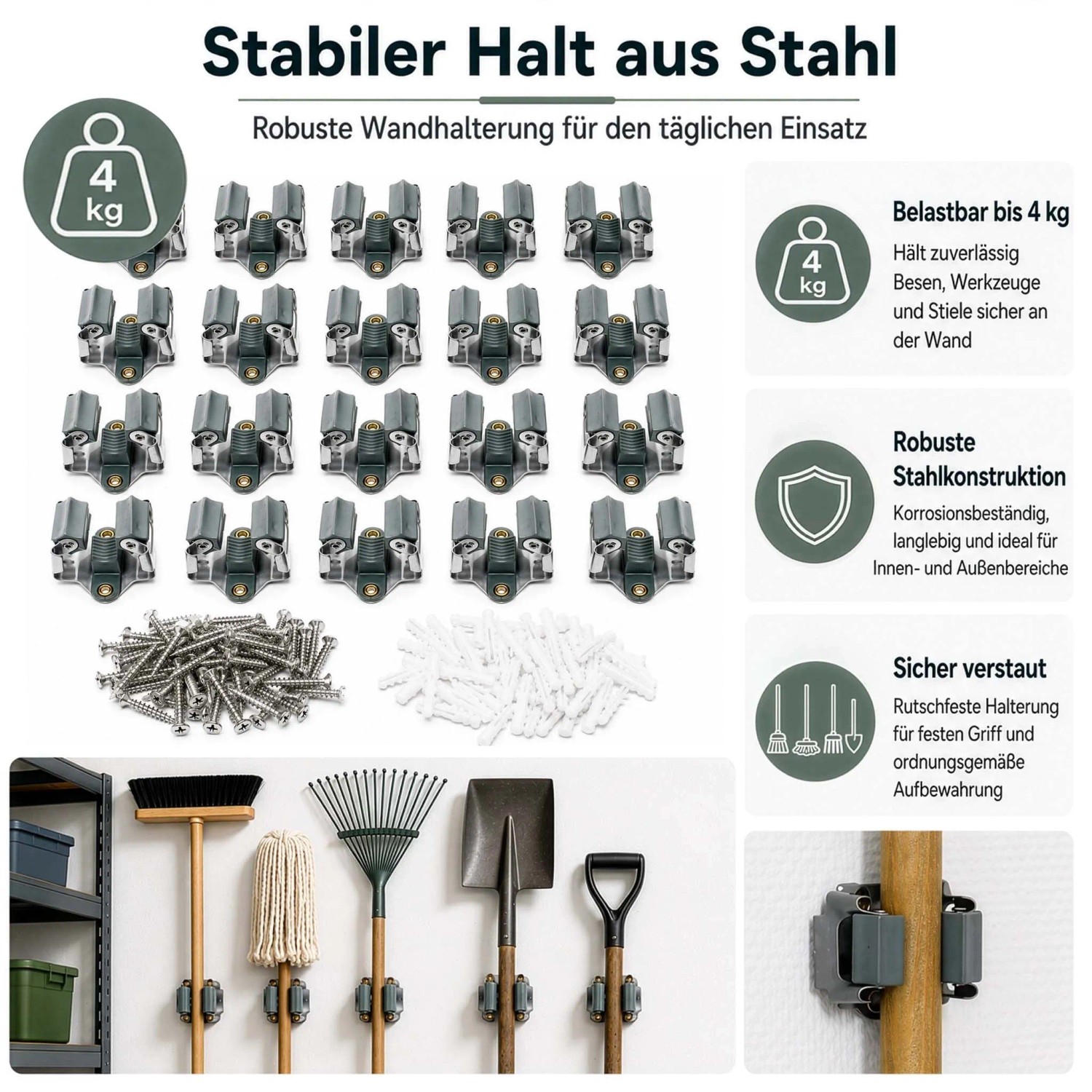 20 Wiltec Gerätehalter aus Stahl für Wandmontage, halten Besen, Werkzeuge. Inkl. Schrauben. Max. 4 kg.