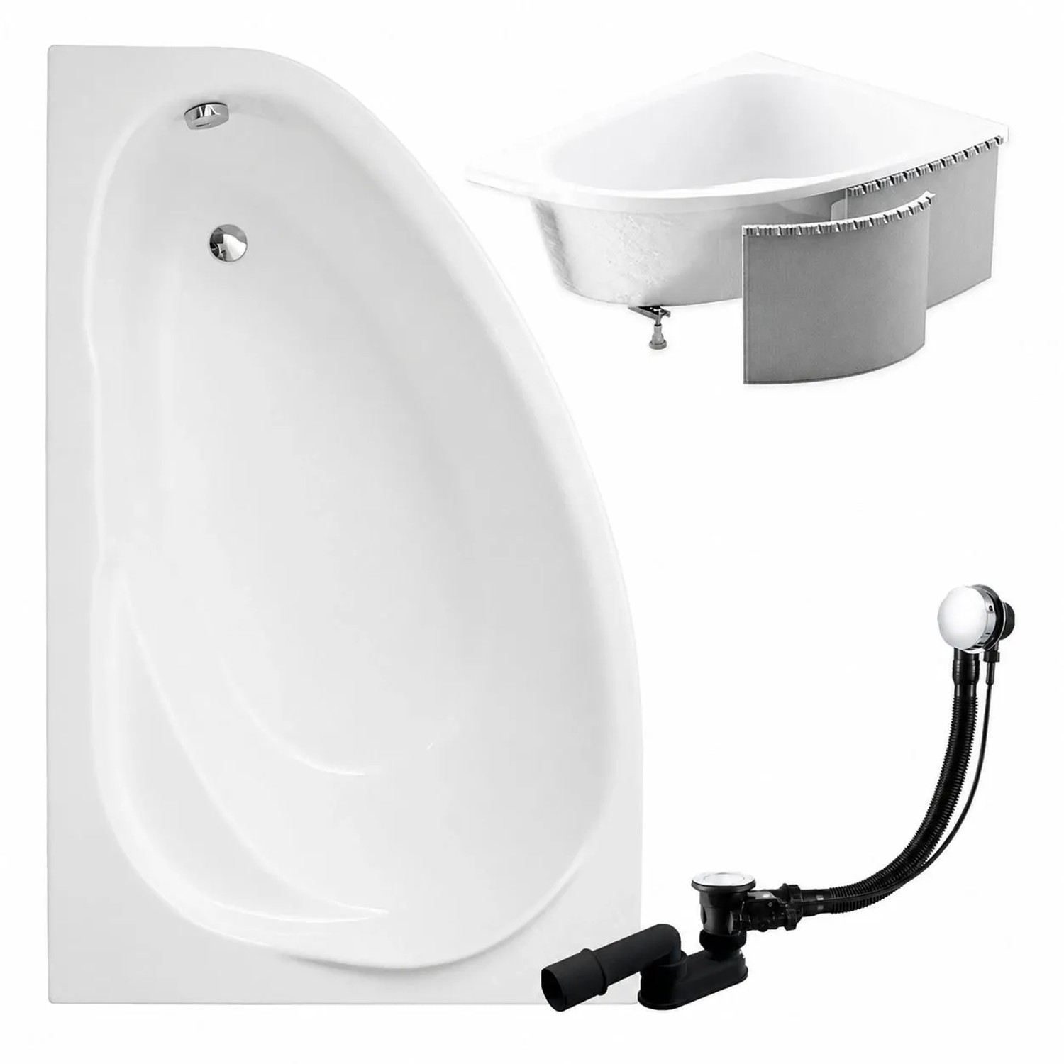 KOLMAN Badewanne Eckwanne 150 x 100 Cm Links Mit Styroporverkleidung Inkl. Ablauf Und Füße