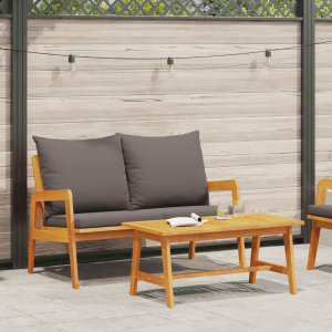 2-teiliges Bistro-Set aus Akazienholz mit anthrazitfarbenen Kissen für Garten oder Balkon.