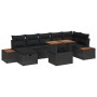 Schwarzes 8-teiliges Garten-Sofa-Set aus Poly Rattan mit Tisch und Kissen.