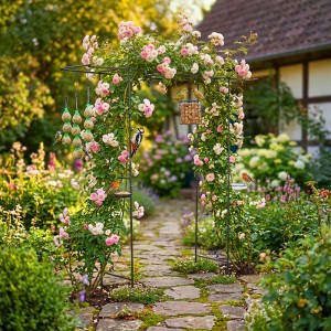 Schwarzer Stahl Rosenbogen als Rankhilfe mit pinken Rosen, Vogelbad und Futterstationen für Vögel im Garten.